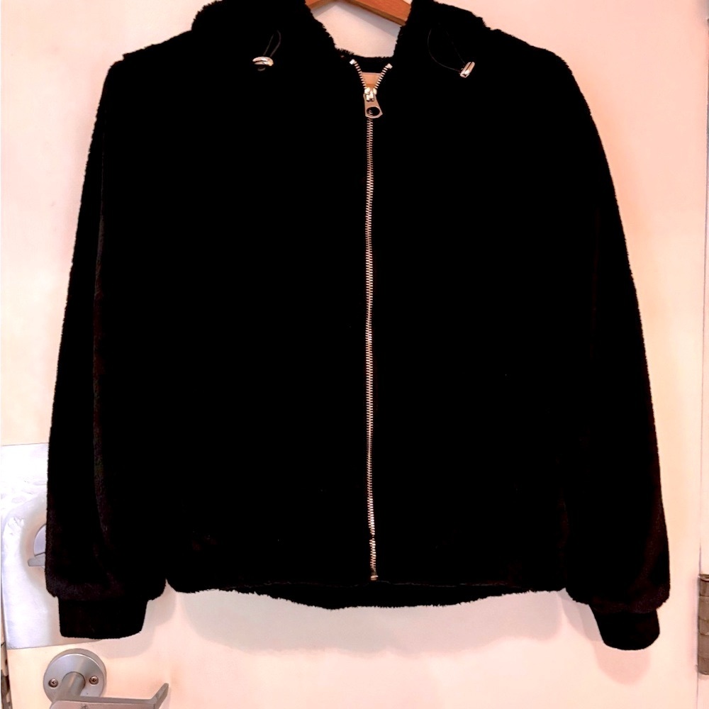 Black Faux Fur Zip-Up Hoodie